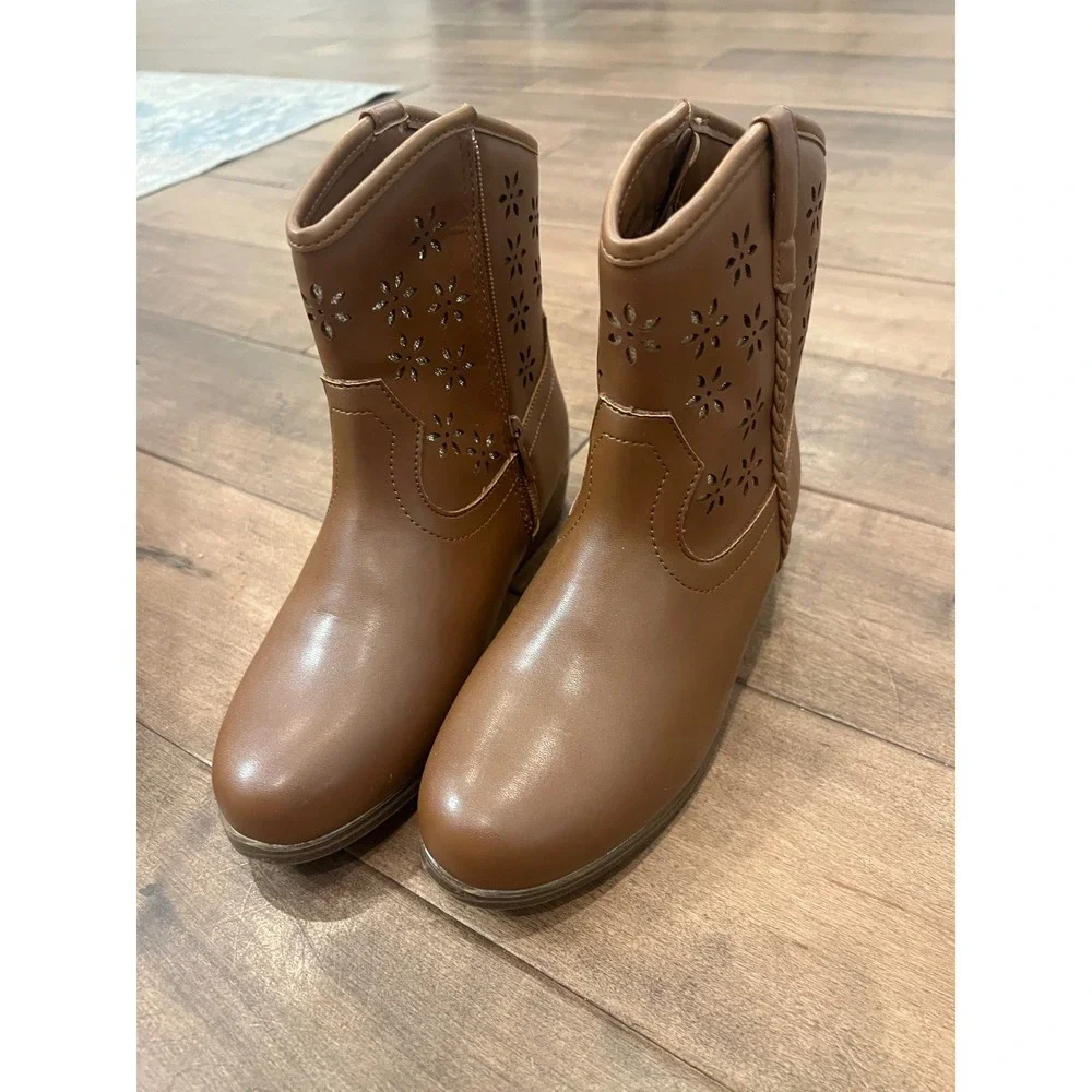 Thereabouts TH Charlee Cognac Brown Laser Cut Western Boots Girls Size 3M
